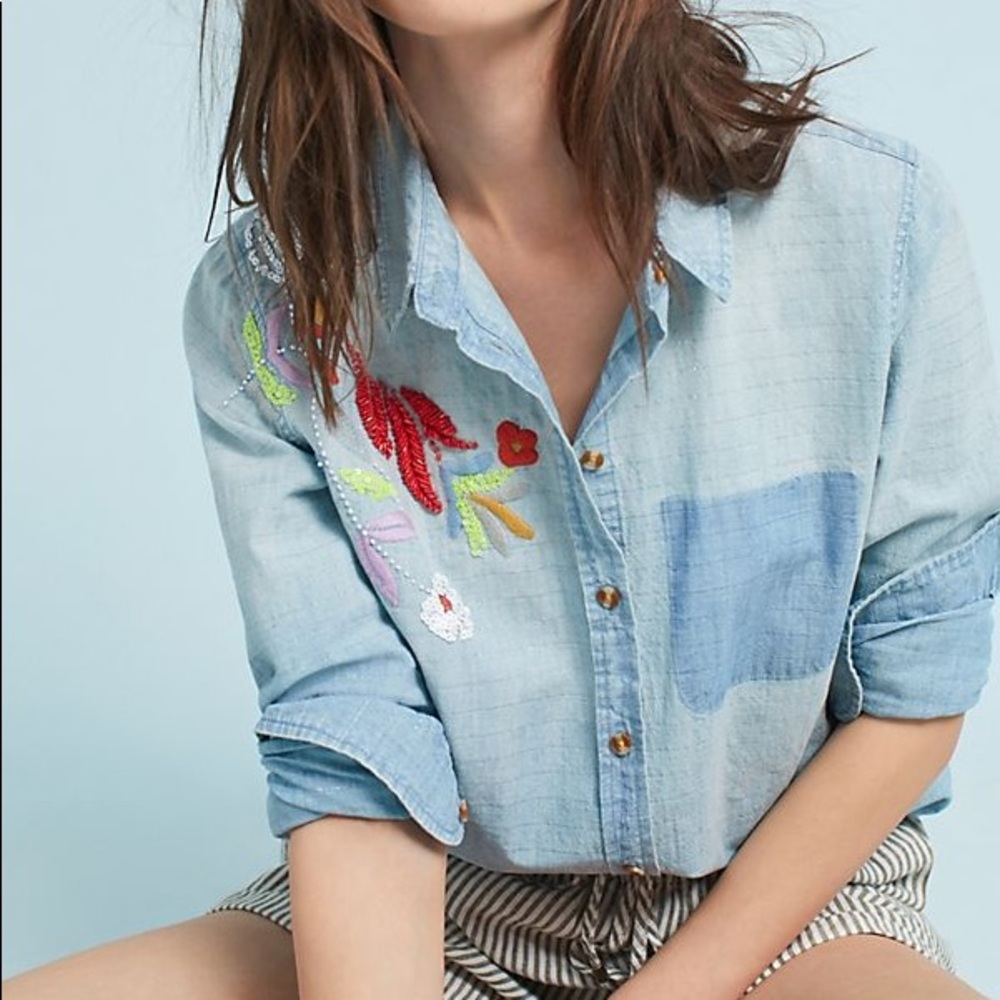 Chambray floral beaded and embroidered shirt